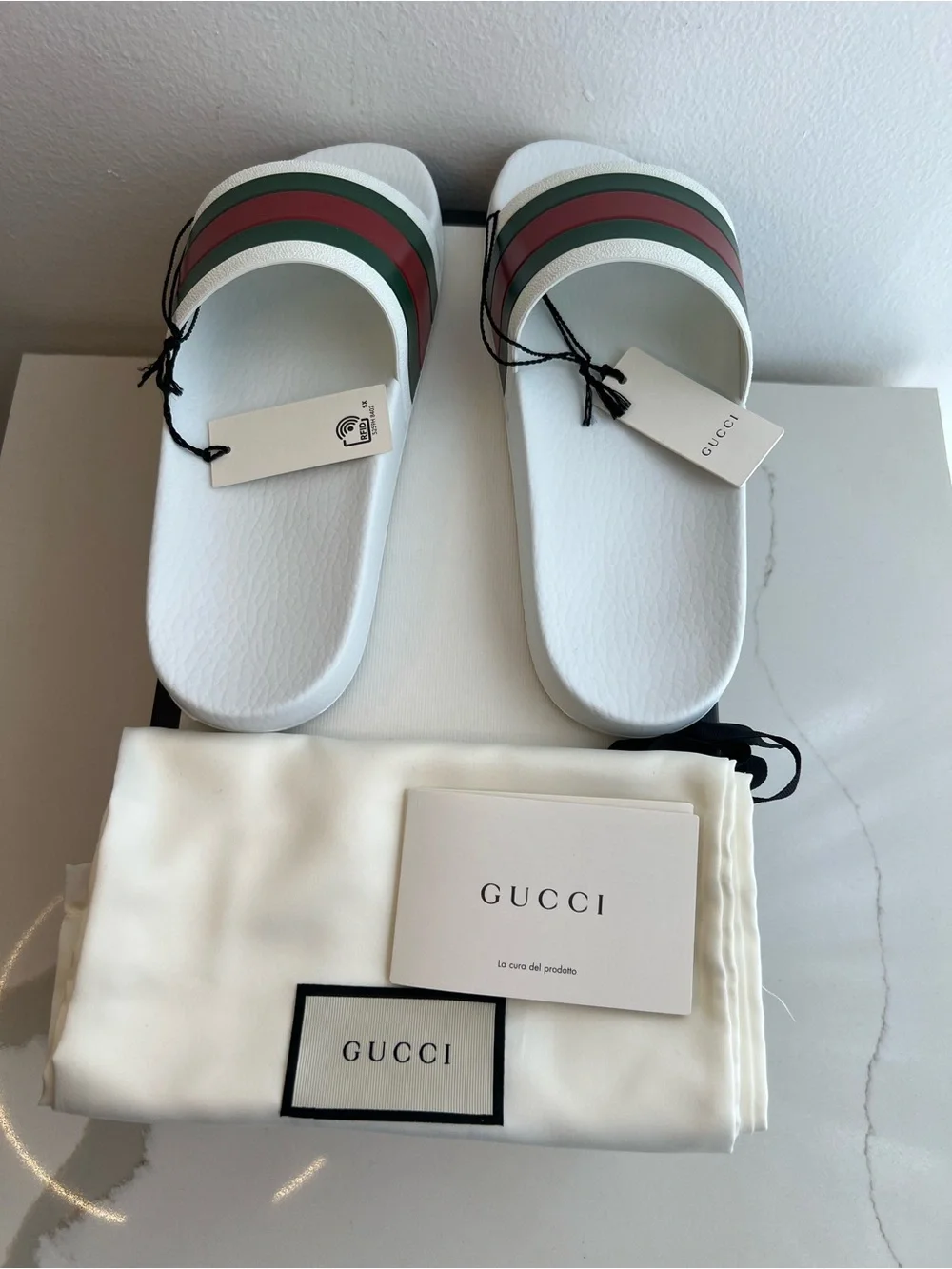 Gucci White Slides with Green & Red Stripes - Luxury Designer Style